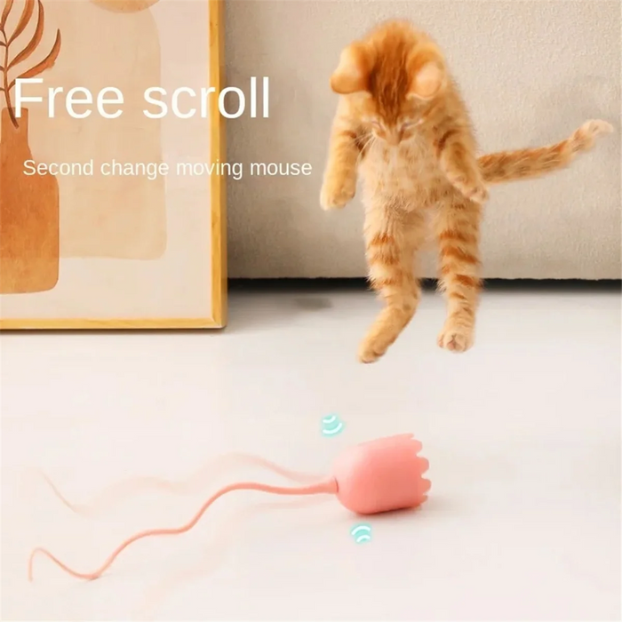 Interactive Cat Toy USB Cat Pet Silicone Automatically Rotates Mouse Tail.Kitten Teasing Stick Pink